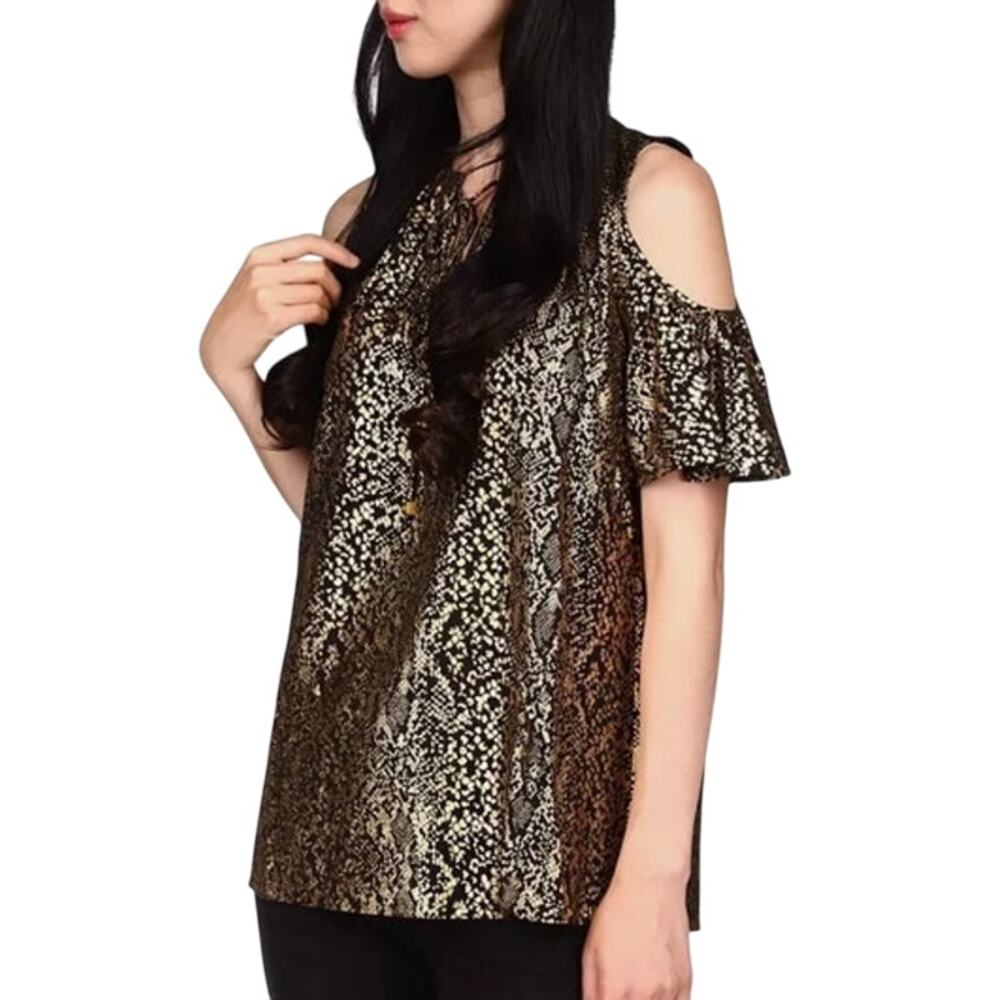 Michael Kors Black Cold Shoulder Halter Top Blouse w/ Gold Snakeskin Print, NWT!